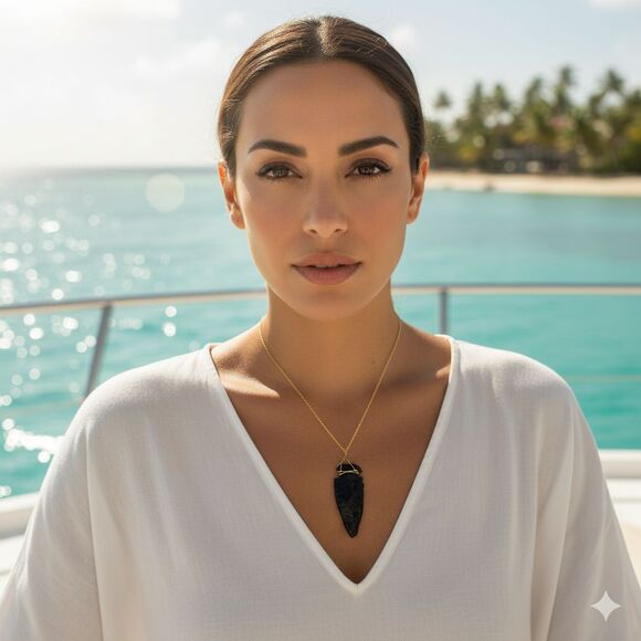 Wire Wrapped Vintage Obsidian Arrowhead Necklace – Handmade Boho Tribal Pendant - Picture 2 of 9